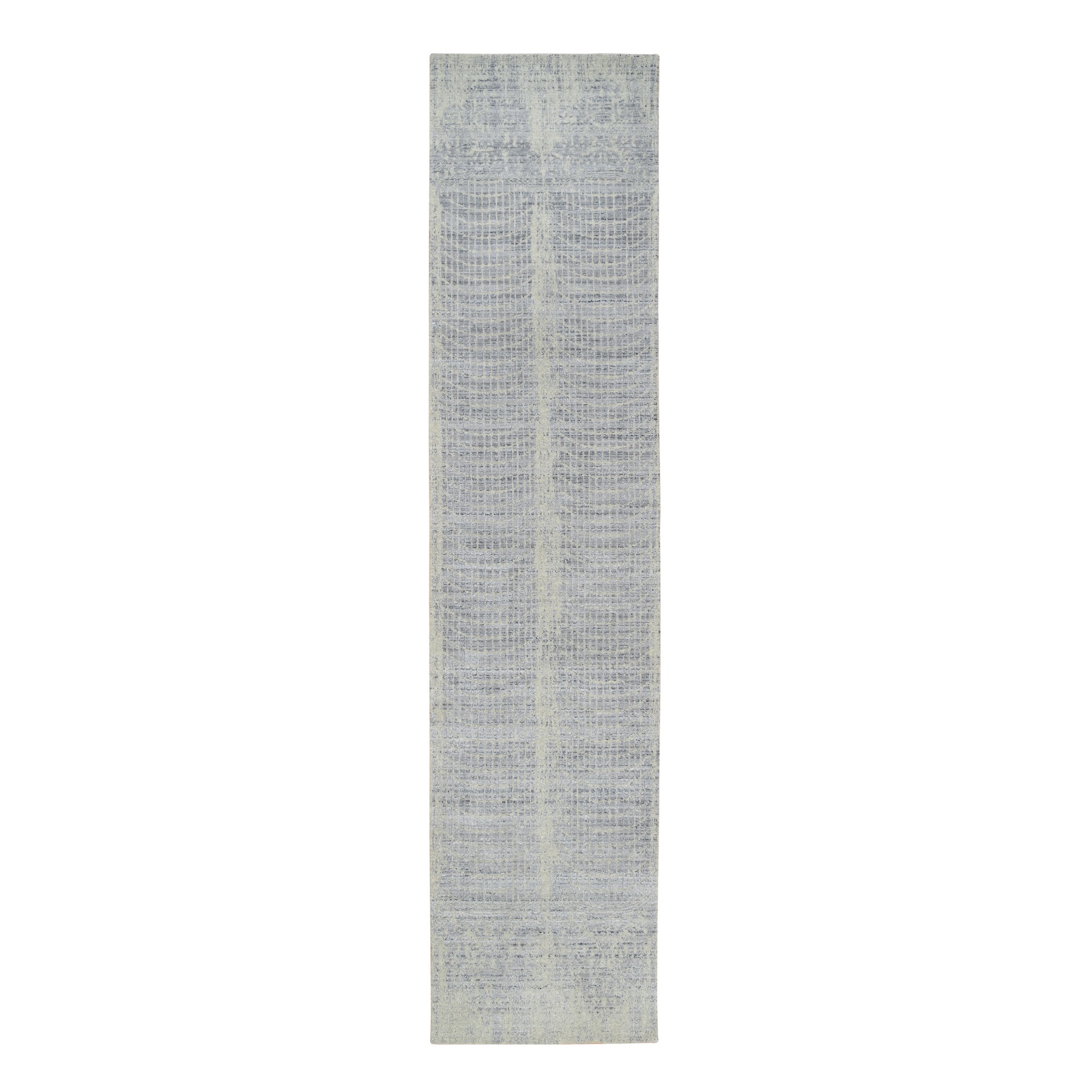 2'6"x12' Gray, Tone On Tone Transitional Erased Design, Jacquard Hand Loomed, Wool And Plant Based Silk, Oriental, Runner Rug 